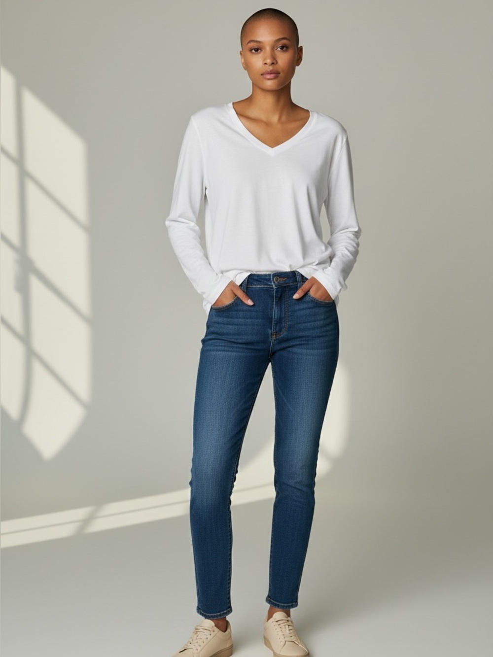 Ladies Eddie Bauer V- Neck White Long Sleeved T- shirt Size Medium